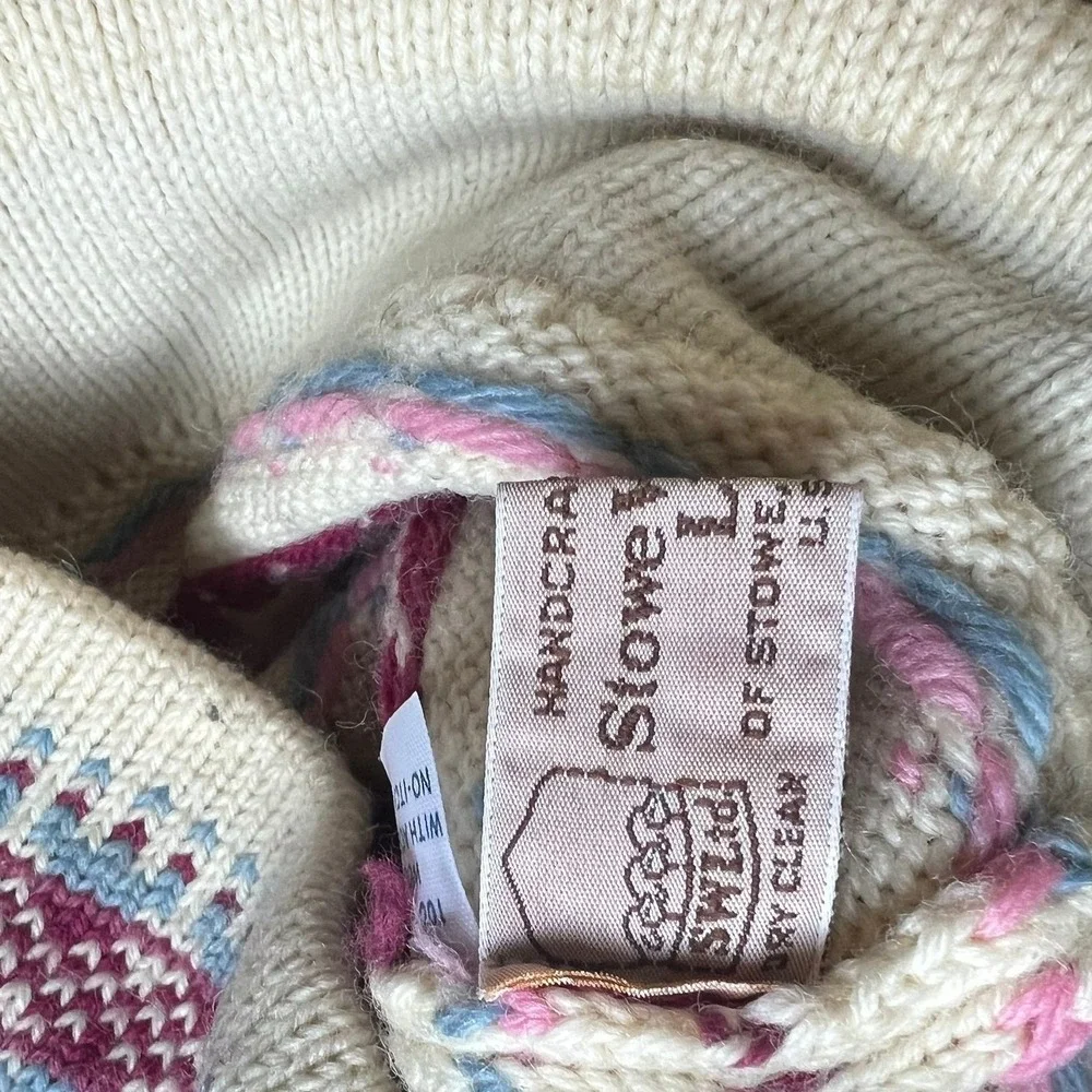 VTG Stowe Woolens Fair Isle Pom Pom Beanie Cream Pink Blue Wool Ski Hat Coquette